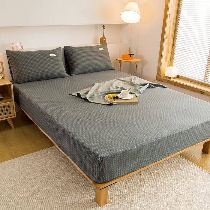 91家纺网 家纺一手货源 找家纺 柠萌家居 2025新款A类全棉色织水洗棉单床笠 灰小格