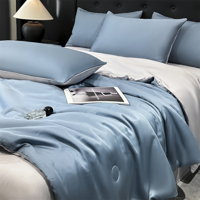 91家纺网 家纺一手货源 找家纺 （总）金鹰 2025新款A类莱赛尔50天丝拼色空调被大豆夏被四件套