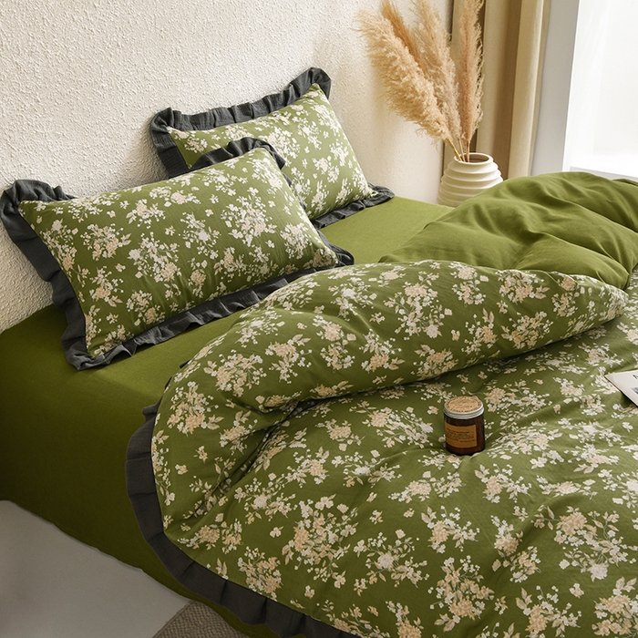 91家纺网 家纺一手货源 找家纺 2025新款A类纯棉双层纱皱皱纱花边四件套（复古风） 曼晴-牛油果绿