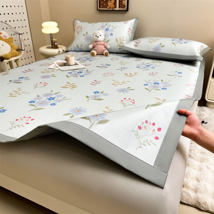 91家纺网 家纺一手货源 找家纺 雯豆2025夏季新品冰藤印花凉席三件套平铺绑带款冰丝凉席三件套 冰藤席-绑带款-花都丽影