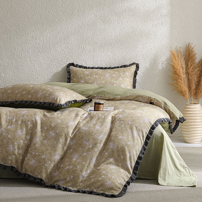 91家纺网 家纺一手货源 找家纺 2025新款A类纯棉双层纱皱皱纱花边四件套（复古风） 豆蔻