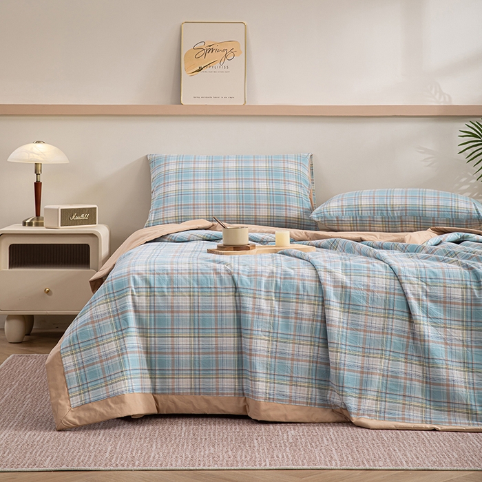 91家纺网 家纺一手货源 找家纺 吾诺 2025 全棉色织水洗棉夏被大豆夏被四件套被子被芯空调被夏凉被 晴空兰