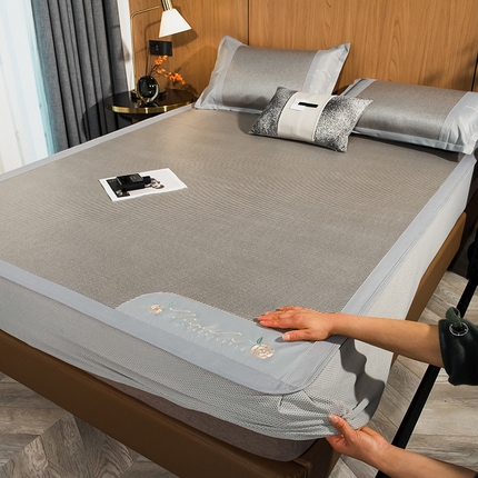 摩妮卡 2025新款刺绣双面冰藤席床笠款三件套 冰川灰