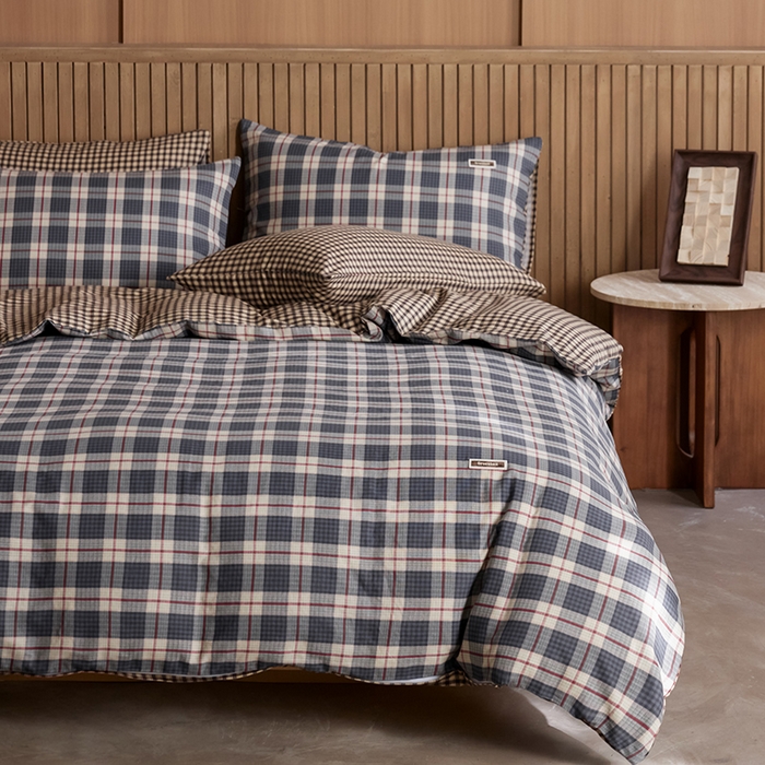 91家纺网 家纺一手货源 找家纺 安莱生活 2025 全棉双层纱苏格兰格纹系列四件套 集组格