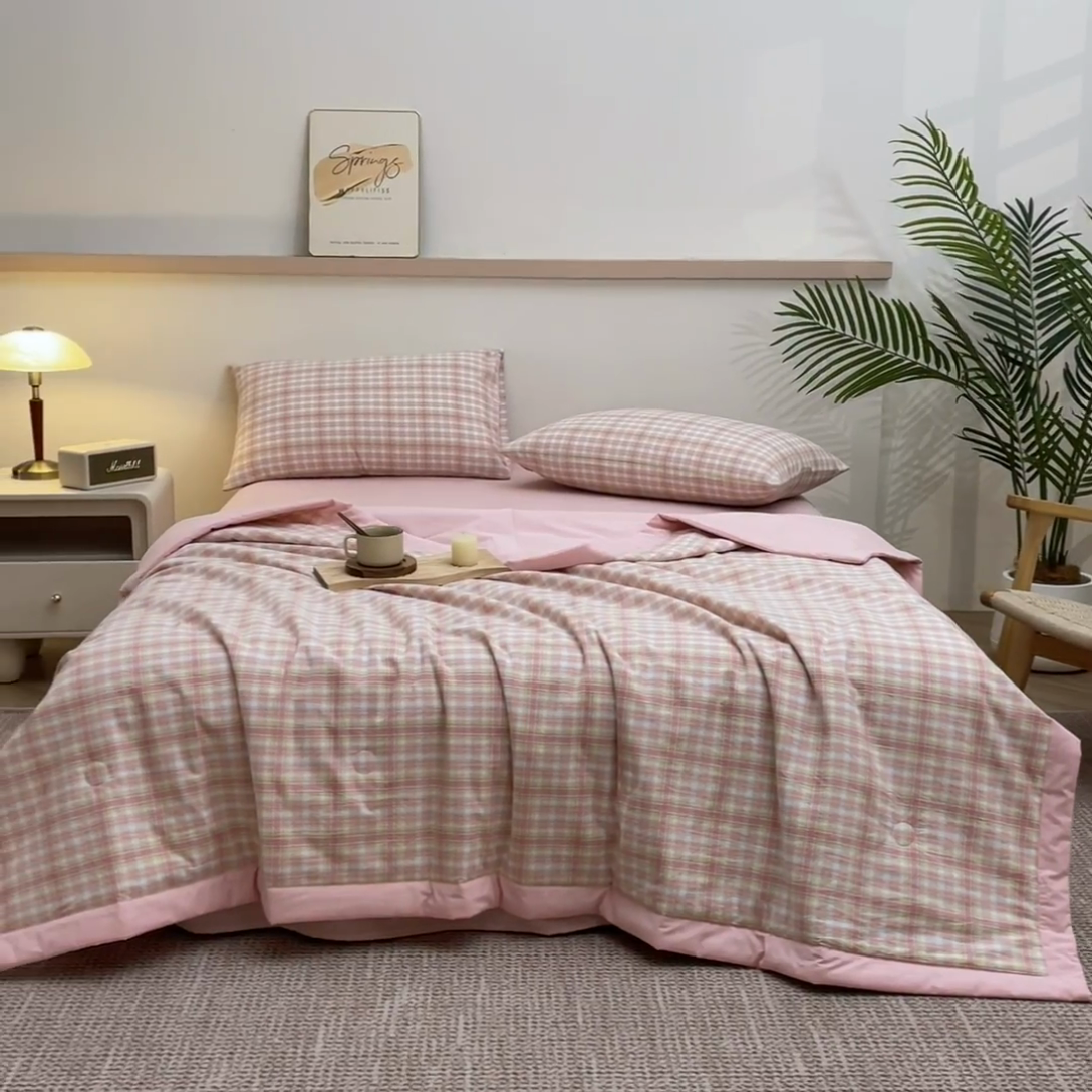 91家纺网 家纺一手货源 找家纺 吾诺 2025 全棉色织水洗棉夏被大豆夏被四件套被子被芯空调被夏凉被 豆沙格