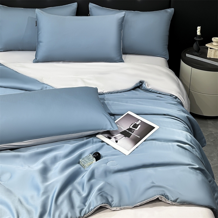 91家纺网 家纺一手货源 找家纺 （总）金鹰 2025新款A类莱赛尔50天丝拼色空调被大豆夏被四件套