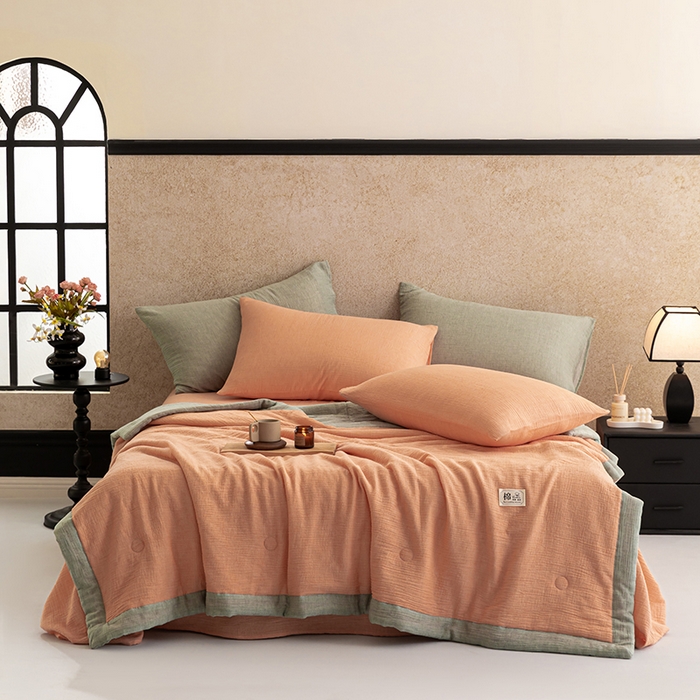 91家纺网 家纺一手货源 找家纺 吾诺 2025 纯色全棉泡泡双层纱夏被大豆夏被子被芯夏被四件套夏凉被空调被 日落桔