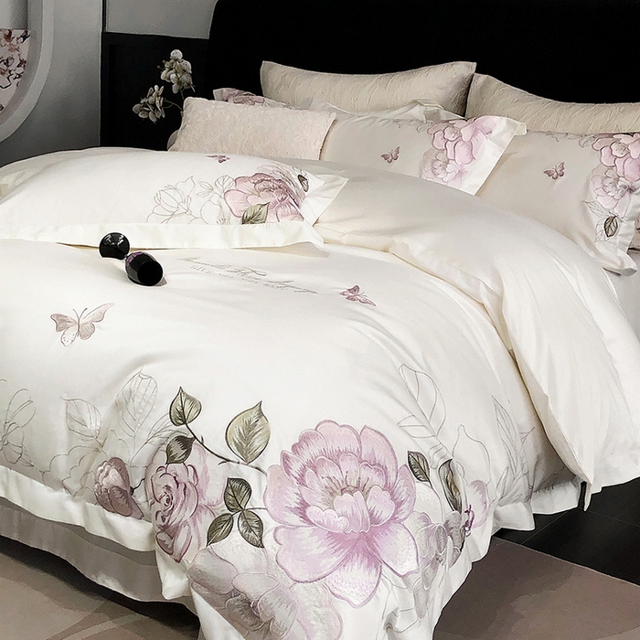 91家纺网 家纺一手货源 找家纺 2025新款全棉50s绣花刺绣款四件套 花拾-白