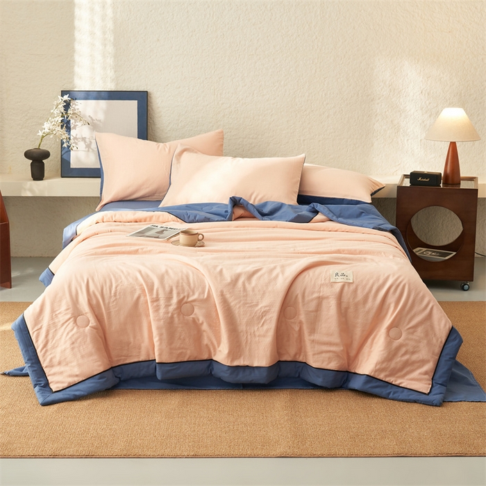 91家纺网 家纺一手货源 找家纺 2025新款新款A类纯棉双层纱大豆夏被四件套全棉空调被 玉色