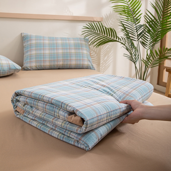 91家纺网 家纺一手货源 找家纺 吾诺 2025 全棉色织水洗棉夏被大豆夏被四件套被子被芯空调被夏凉被 晴空兰