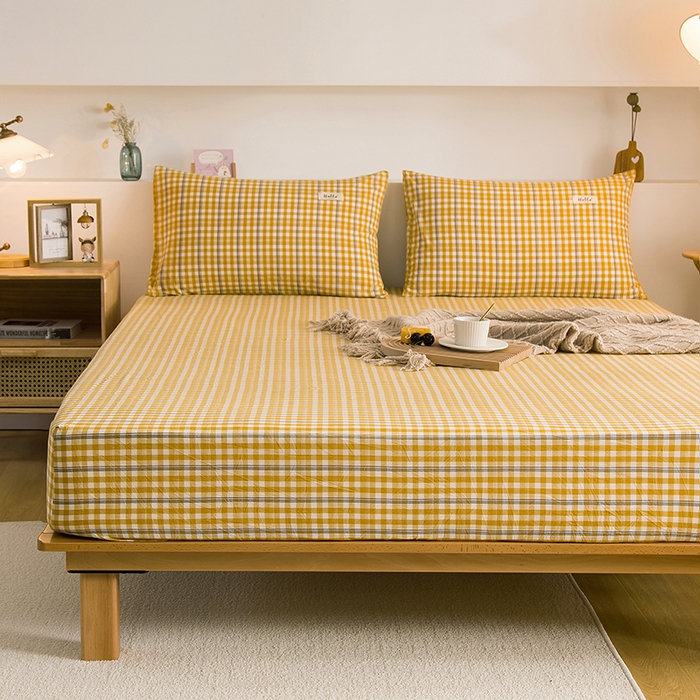 91家纺网 家纺一手货源 找家纺 柠萌家居 2025新款A类全棉色织水洗棉单床笠 姜黄小格