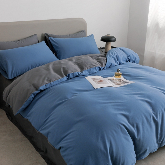 91家纺网 家纺一手货源 找家纺 2025年纯色双拼60支纯棉被套 布鲁蓝+深灰