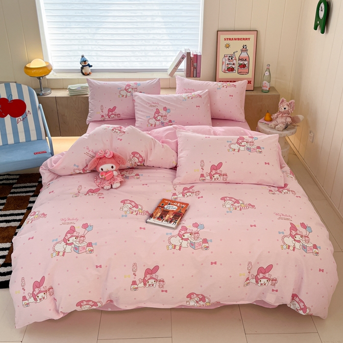 91家纺网 家纺一手货源 找家纺 博雅 2025新款三丽鸥卡通全棉印花小版四件套 粉色点点美乐蒂