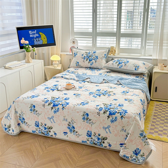 91家纺网 家纺一手货源 找家纺 雯豆2025夏季新品冰丝碳光凉席+凉感丝印花夏被四件套卡通小清新绑带席子四件套 冰丝夏被四件套-芳华如梦
