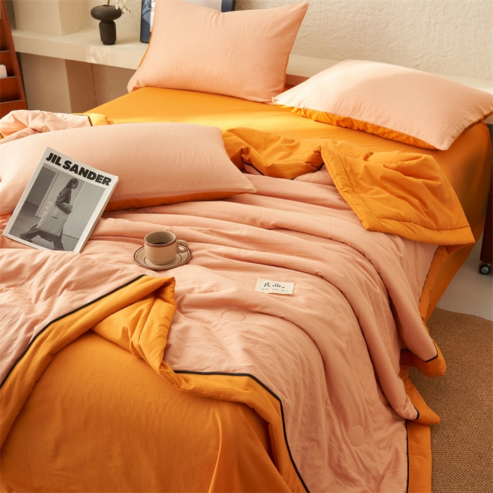 91家纺网 家纺一手货源 找家纺 2025新款新款A类纯棉双层纱大豆夏被四件套全棉空调被 蜜桔