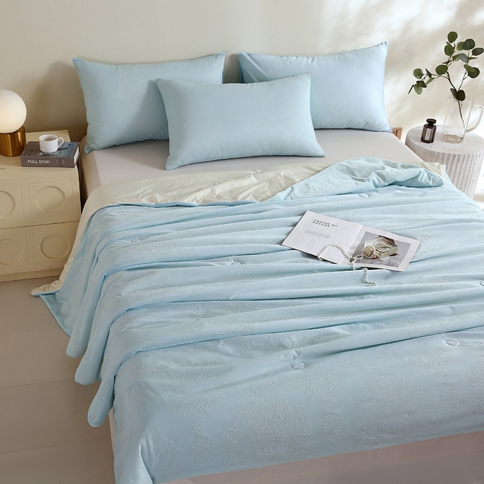 91家纺网 家纺一手货源 找家纺 品乐家纺 2025新款凉感A类可水洗抗菌冰冰被夏被夏凉被空调被被子被芯 冰冰被蓝纹+米