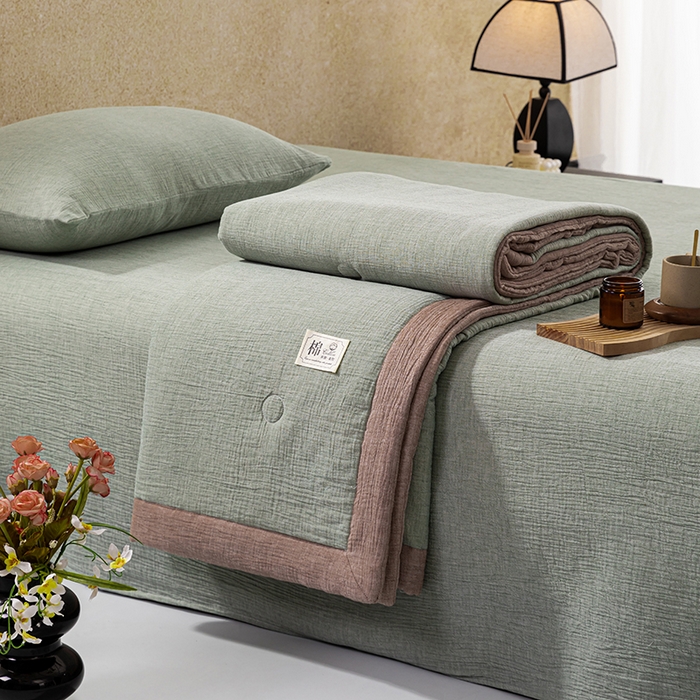 91家纺网 家纺一手货源 找家纺 吾诺 2025 纯色全棉泡泡双层纱夏被大豆夏被子被芯夏被四件套夏凉被空调被 森林绿