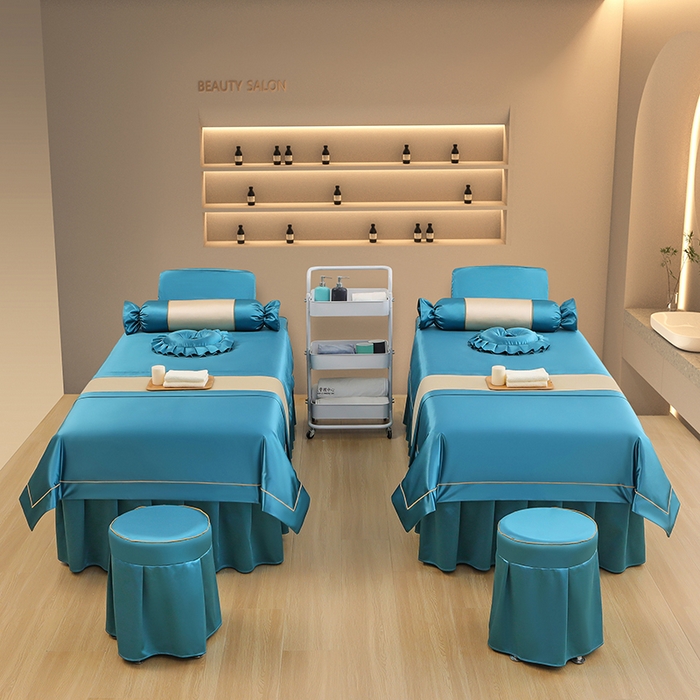 91家纺网 家纺一手货源 找家纺 芙怡 2025春夏新款8028款冰丝绒美 容床罩-一字绣系列 一字绣-宝蓝