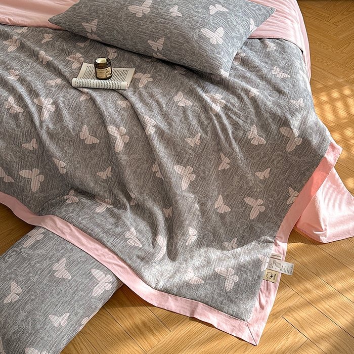 91家纺网 家纺一手货源 找家纺 吾诺 2025 全棉色织提花三层纱大豆夏被全棉夏被子被芯空调被夏凉被 蝶舞-粉