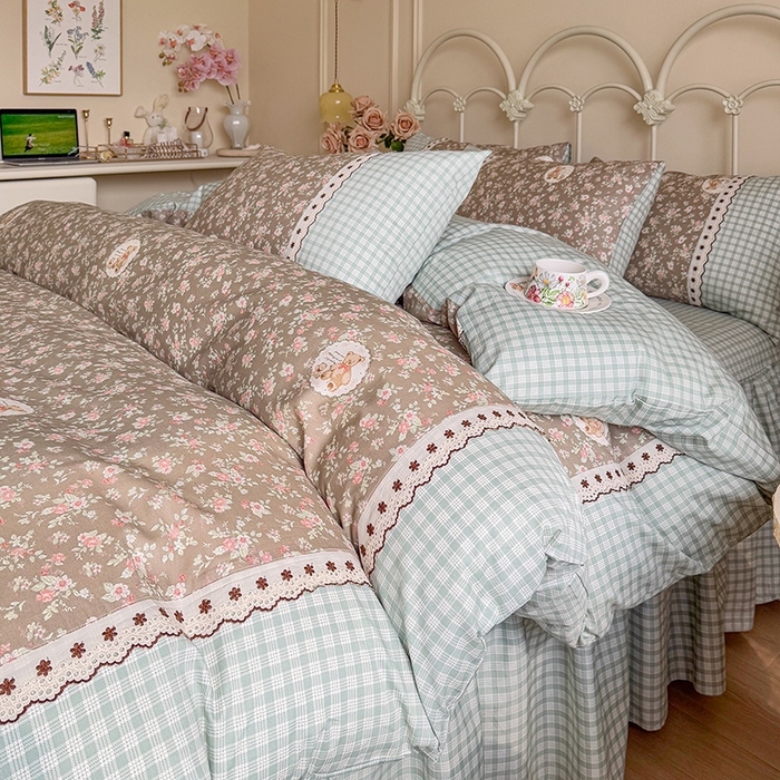 91家纺网 家纺一手货源 找家纺 安莱生活 2025 全棉小碎花刺绣花边款四件套 绿意