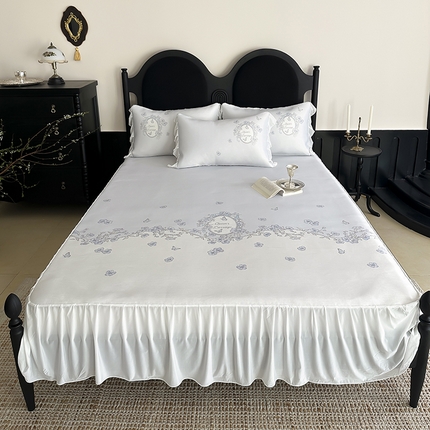 91家纺网 家纺一手货源 找家纺 （总）三味舒屋 2025新款法式床裙款数码印花冰丝凉席三件套