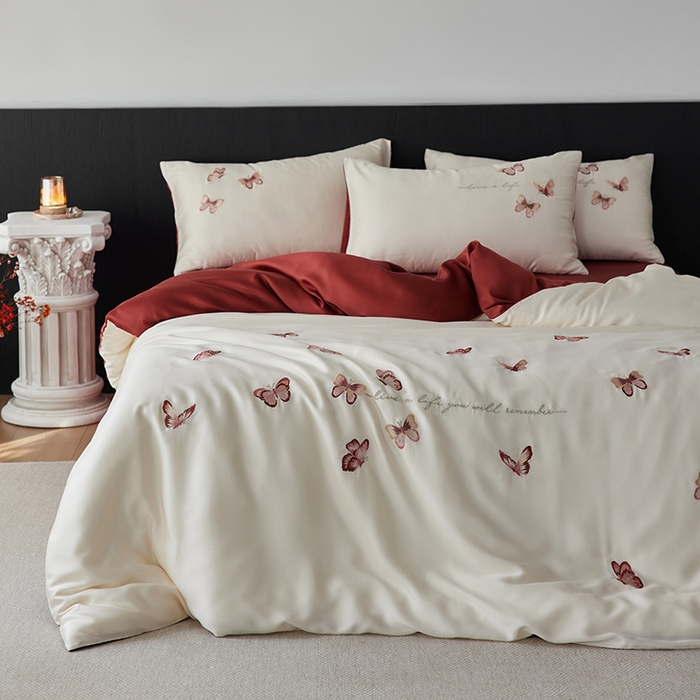 91家纺网 家纺一手货源 找家纺 安莱生活 2025兰精进口60S天丝绣花四件套（红色系列） 绮梦红蝶