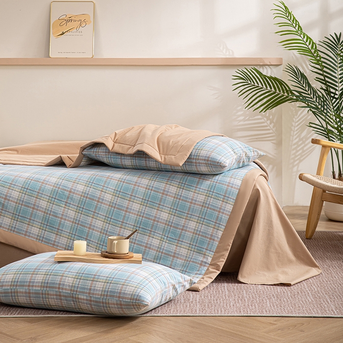 91家纺网 家纺一手货源 找家纺 吾诺 2025 全棉色织水洗棉夏被大豆夏被四件套被子被芯空调被夏凉被 晴空兰