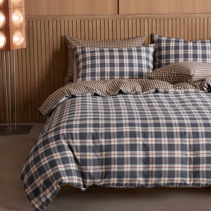 91家纺网 家纺一手货源 找家纺 安莱生活 2025 全棉双层纱苏格兰格纹系列四件套 集组格