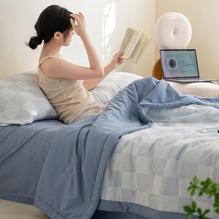 91家纺网 家纺一手货源 找家纺  吾诺 2025 棋盘格立体提花大豆夏被子被芯夏凉被空调被 棋盘格-蓝