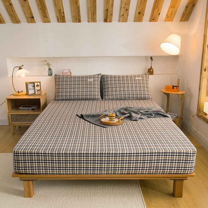 91家纺网 家纺一手货源 找家纺 柠萌家居 2025新款A类全棉色织水洗棉单床笠 灰黄小格