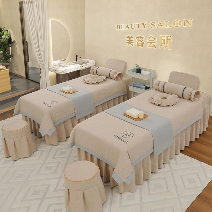 91家纺网 家纺一手货源 找家纺 芙怡 2025春夏新款8026款棉麻绒美容床罩四件套-山茶花系列 山茶花-米黄