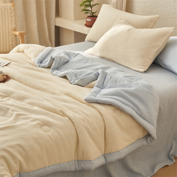 91家纺网 家纺一手货源 找家纺 金鹰2025新款A类纯棉皱皱纱大豆夏被四件套全棉夏凉被空调被 皱皱纱-米黄