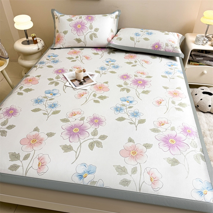 91家纺网 家纺一手货源 找家纺 雯豆2025夏季新品冰藤印花凉席三件套平铺绑带款冰丝凉席三件套 冰藤席-绑带款-出水芙蓉