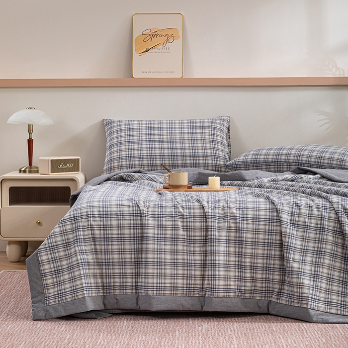 91家纺网 家纺一手货源 找家纺 吾诺 2025 全棉色织水洗棉夏被大豆夏被四件套被子被芯空调被夏凉被 细灰格