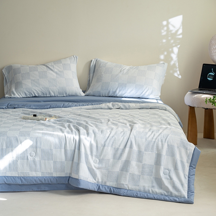 91家纺网 家纺一手货源 找家纺  吾诺 2025 棋盘格立体提花大豆夏被子被芯夏凉被空调被 棋盘格-蓝