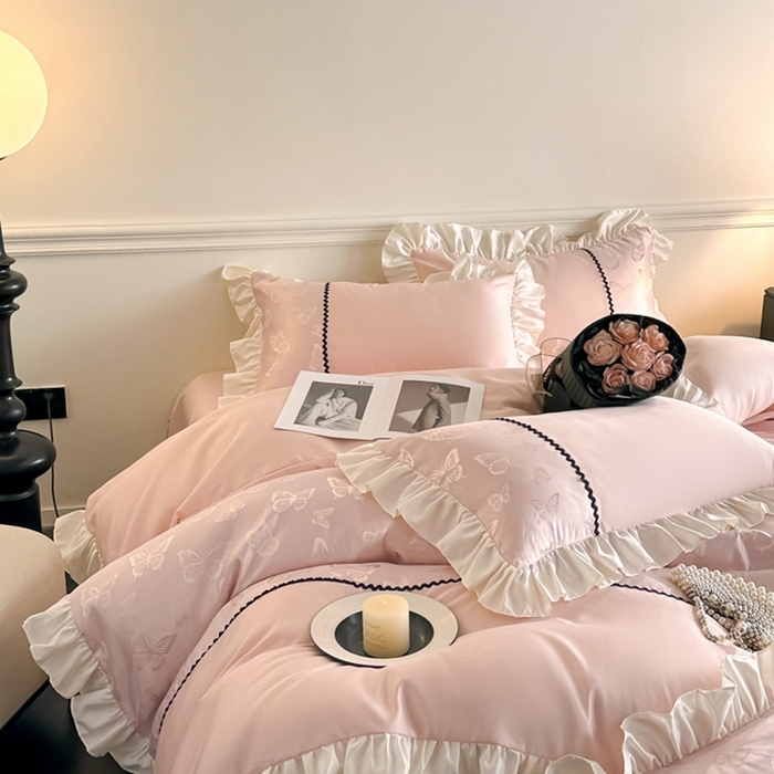 91家纺网 家纺一手货源 找家纺 米彩家纺 2025新款A类水洗真丝亮光浮雕花边四件套 粉香槟