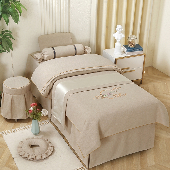 91家纺网 家纺一手货源 找家纺 芙怡 2025春夏新款8023款棉麻绒美 容床罩-花颜系列 花颜-米黄