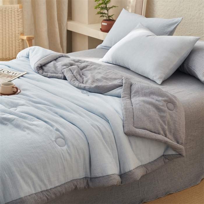 91家纺网 家纺一手货源 找家纺 金鹰2025新款A类纯棉皱皱纱大豆夏被四件套全棉夏凉被空调被 皱皱纱-天蓝