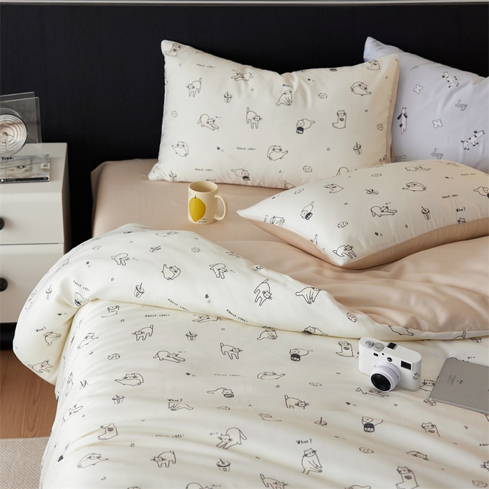 91家纺网 家纺一手货源 找家纺 时年家纺 2025新款莱赛尔天丝印花系列四件套奶茶软萌