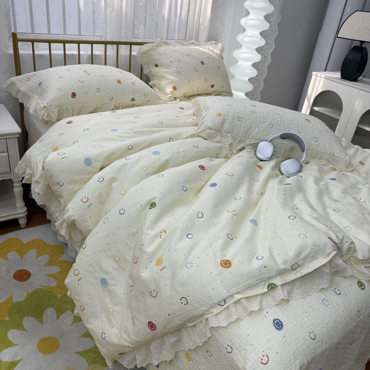 91家纺网 家纺一手货源 找家纺 暖居 2025春夏款高温砂洗棉花床盖三件套被套四件套同款纯棉夏被空调被四季爱心笑脸