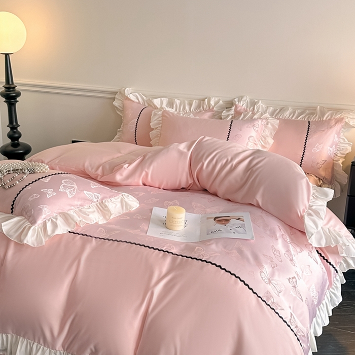 91家纺网 家纺一手货源 找家纺 米彩家纺 2025新款A类水洗真丝亮光浮雕花边四件套 粉玉