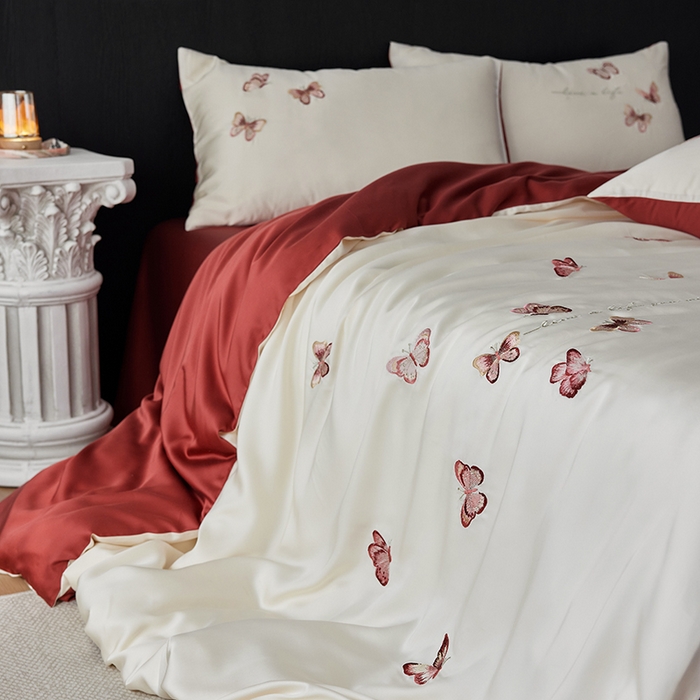 91家纺网 家纺一手货源 找家纺 安莱生活 2025兰精进口60S天丝绣花四件套（红色系列） 绮梦红蝶