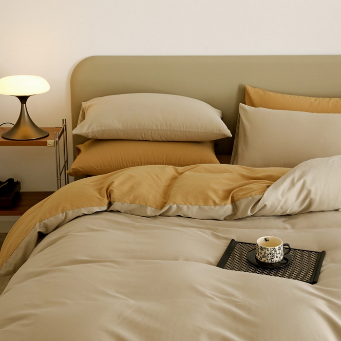 91家纺网 家纺一手货源 找家纺 2025年纯色双拼60支纯棉被套 岩石灰+卡其