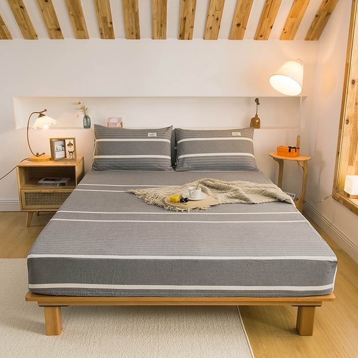 91家纺网 家纺一手货源 找家纺 柠萌家居 2025新款A类全棉色织水洗棉单床笠 宽双线冷灰