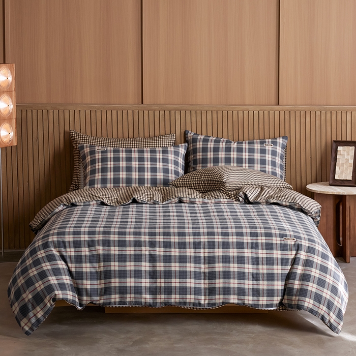 91家纺网 家纺一手货源 找家纺 安莱生活 2025 全棉双层纱苏格兰格纹系列四件套 集组格