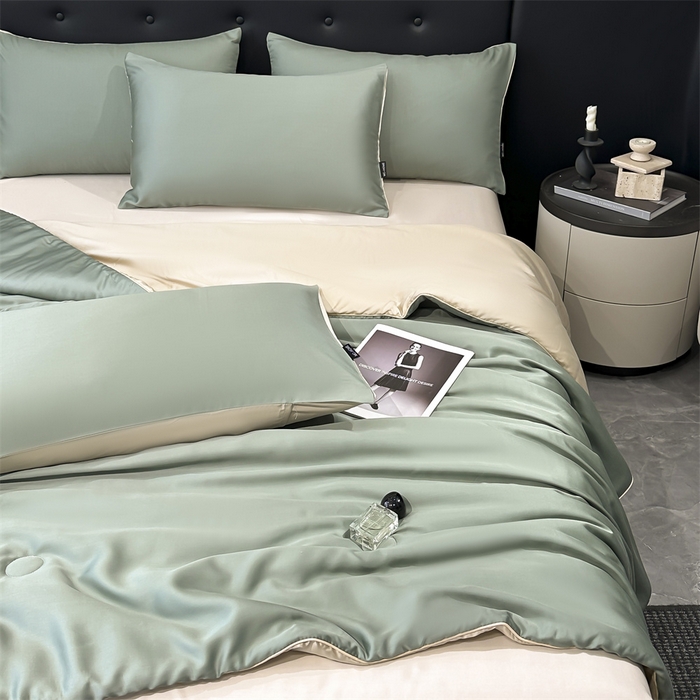 91家纺网 家纺一手货源 找家纺 金鹰 2025新款A类莱赛尔50天丝拼色空调被大豆夏被四件套 翡翠绿