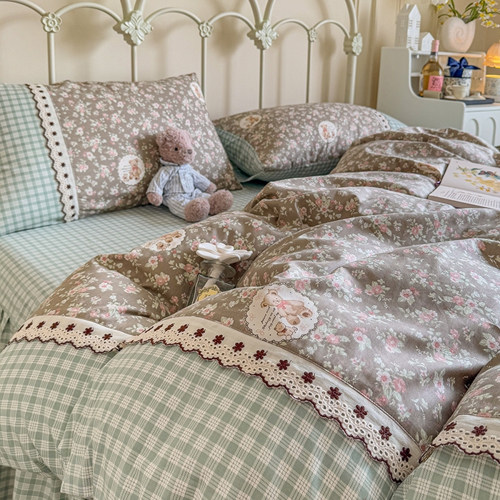 91家纺网 家纺一手货源 找家纺 安莱生活 2025 全棉小碎花刺绣花边款四件套 绿意