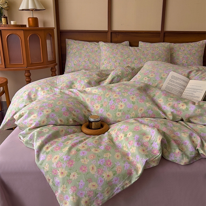 91家纺网 家纺一手货源 找家纺 优品阁  2025新款A类全棉有氧双层纱四件套 花海