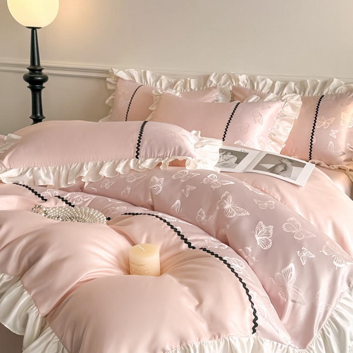 91家纺网 家纺一手货源 找家纺 （总）米彩家纺 2025新款A类水洗真丝亮光浮雕花边四件套