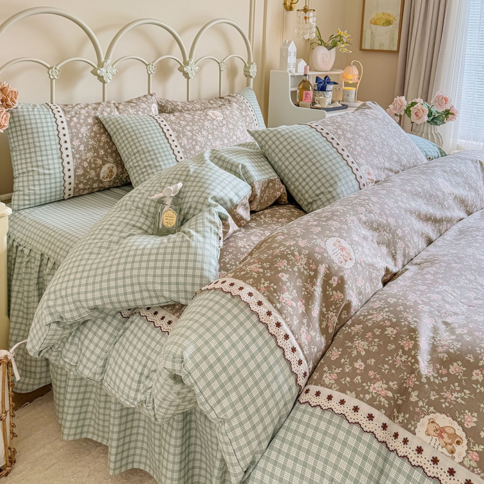 91家纺网 家纺一手货源 找家纺 安莱生活 2025 全棉小碎花刺绣花边款四件套 绿意